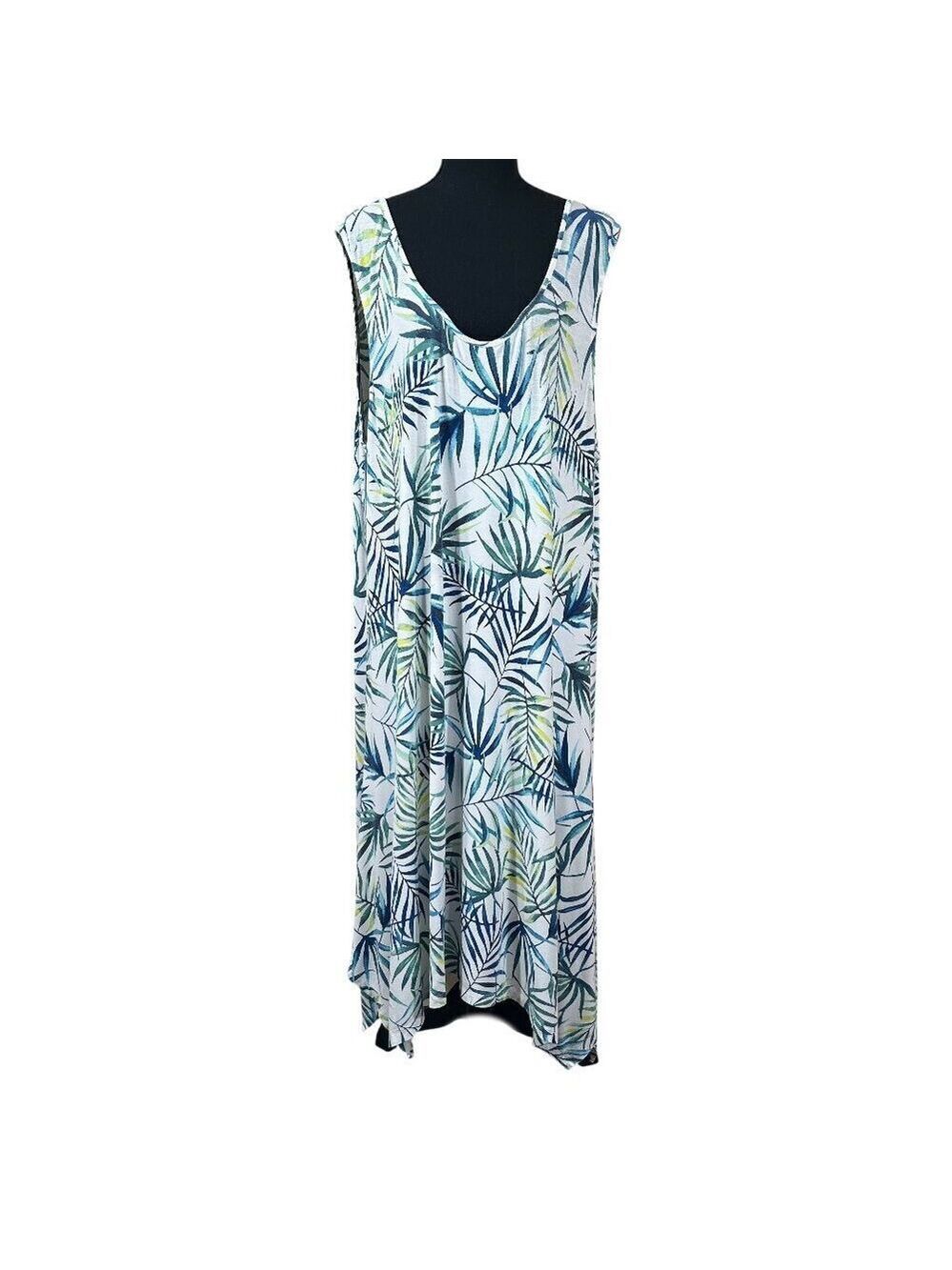 Sigrid Olson White Green Blue Leaves Sleeveless Midi Nightgown Cover-Up Size 2X